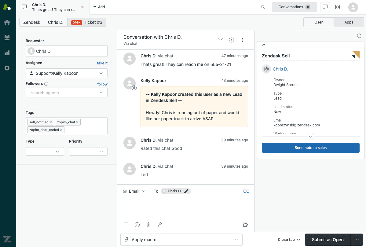 sell support send note to sales support